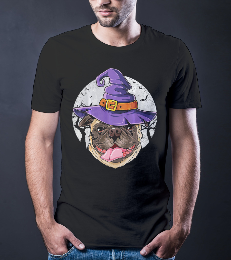 Pug Witch Hat Halloween Moon Bats Forest T-Shirt