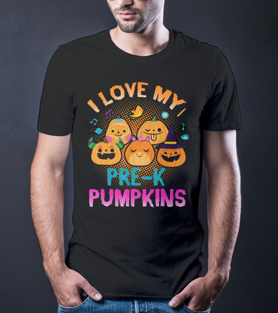 I Love My Pre K Pumpkins Halloween Jack-O-Lanterns With Music And Flowers T-Shirt