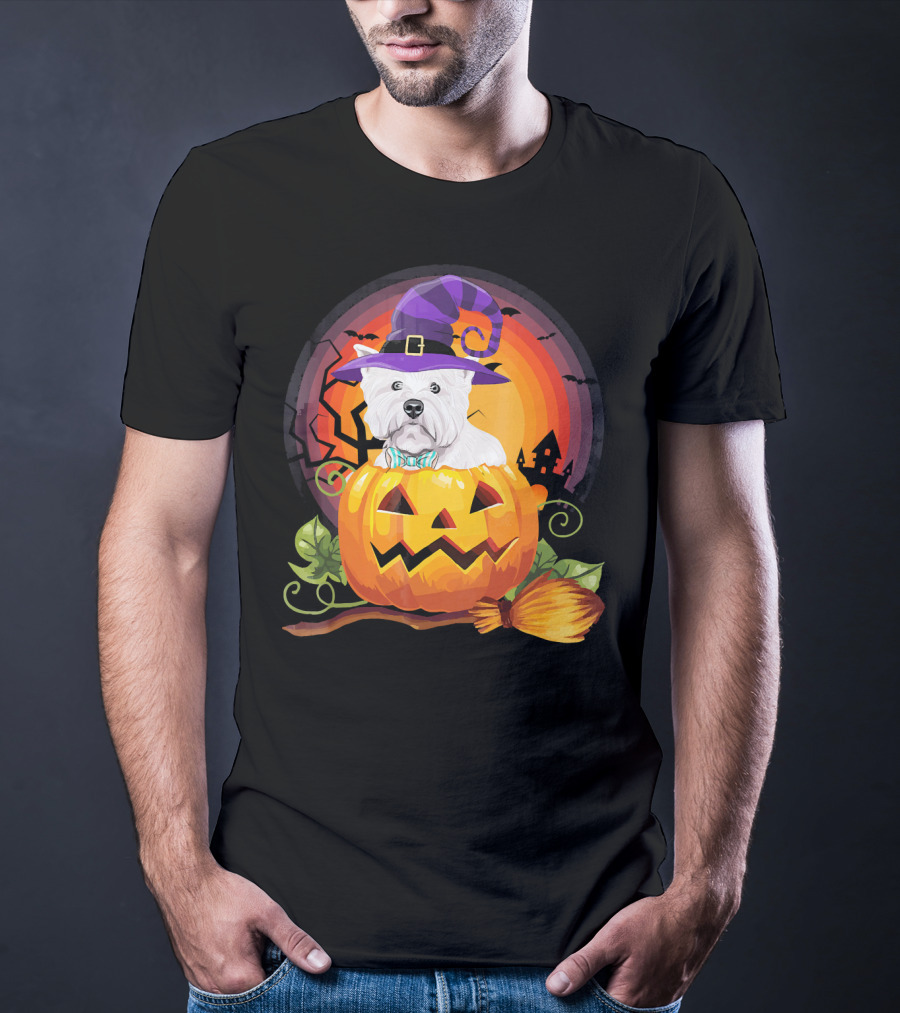 Westie Dog In Witch Hat With Jack-O'-Lantern For Halloween T-Shirt