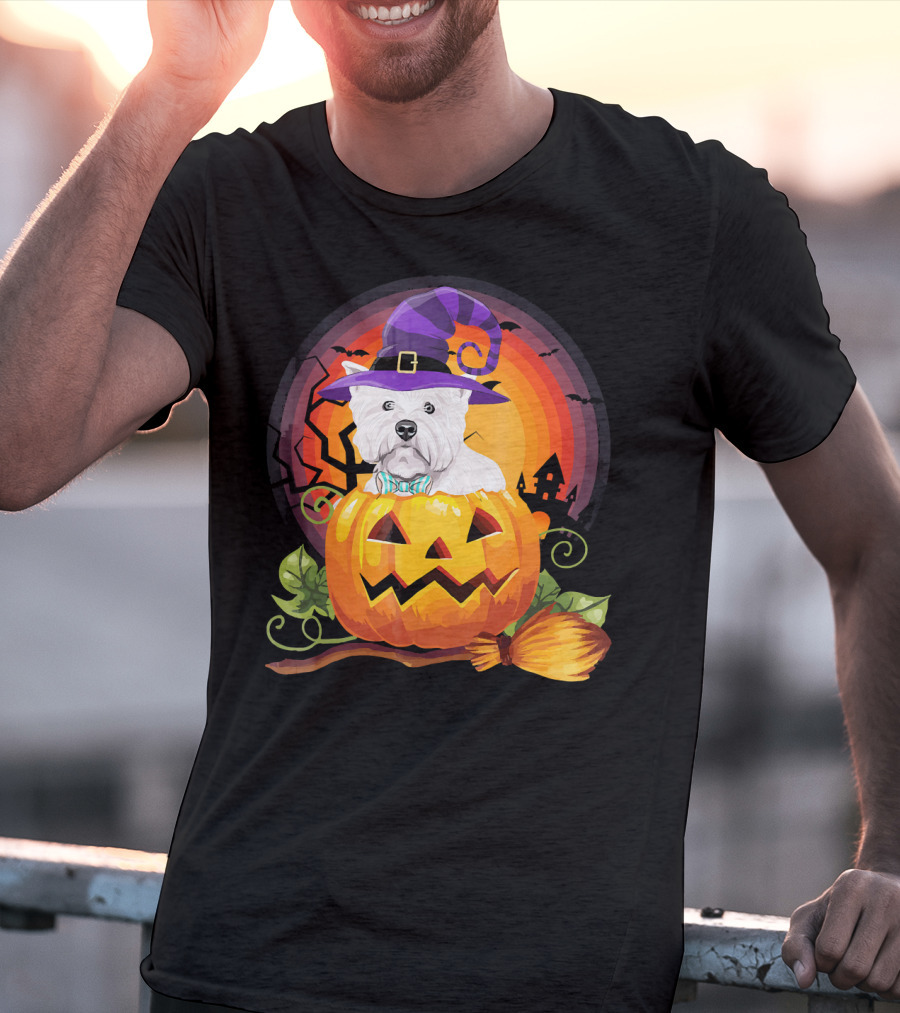 Westie Dog In Witch Hat With Jack-O'-Lantern For Halloween T-Shirt
