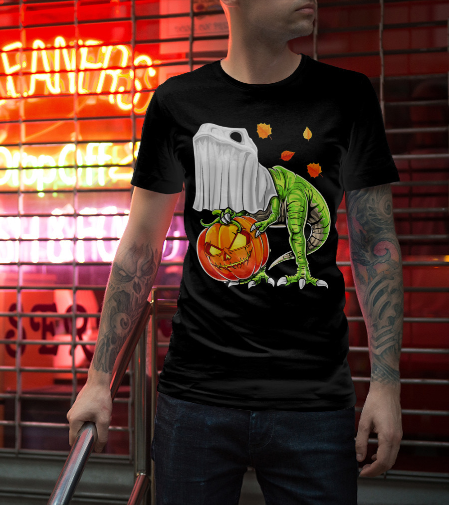 Halloween Dinosaur Ghost Pumpkin Jack Leaves T-Shirt