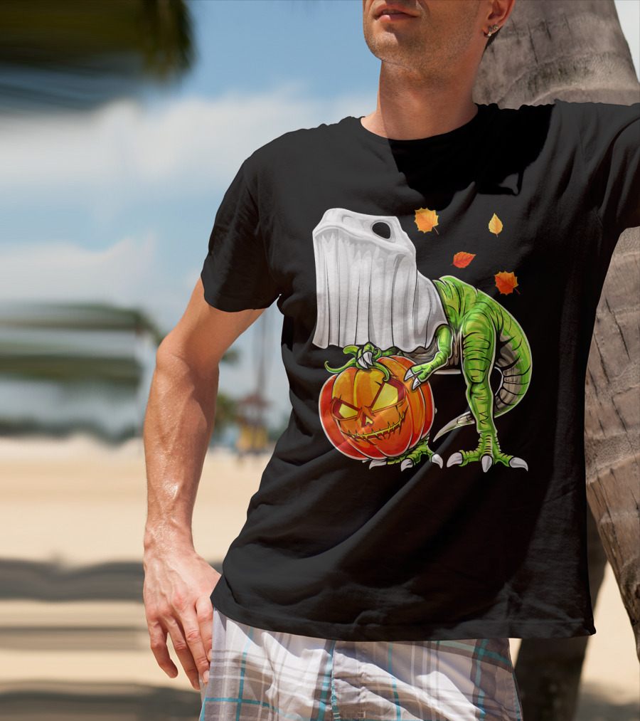 Halloween Dinosaur Ghost Pumpkin Jack Leaves T-Shirt
