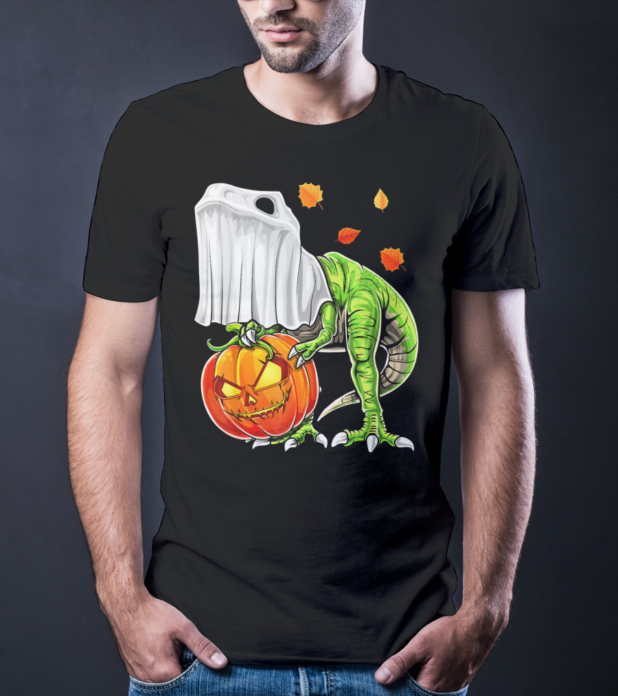 Halloween Dinosaur Ghost Pumpkin Jack Leaves T-Shirt