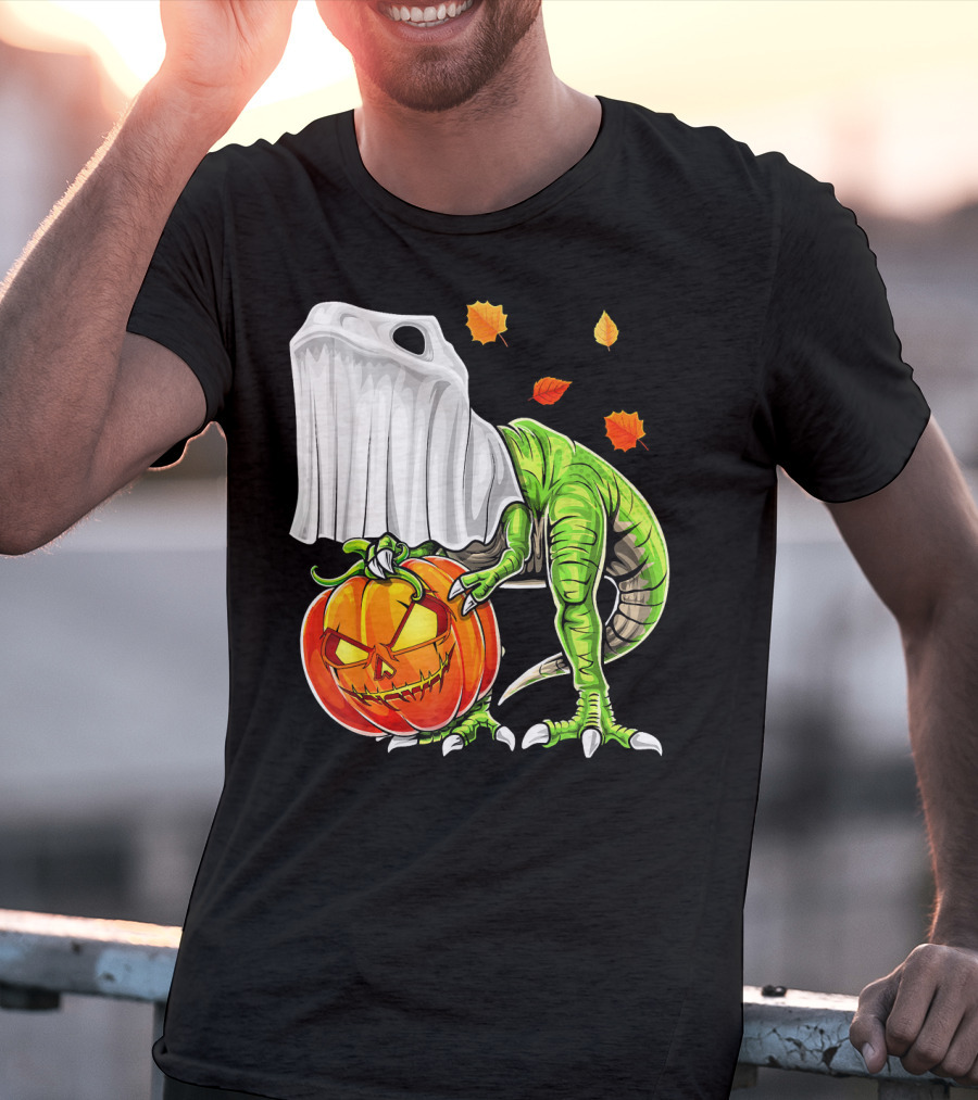 Halloween Dinosaur Ghost Pumpkin Jack Leaves T-Shirt