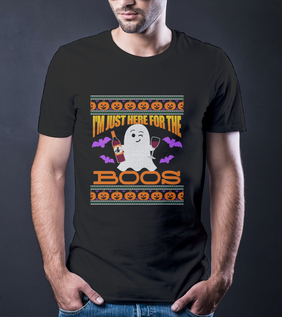 I'm Just Here For The Boos Ugly Halloween Wine Ghost Pumpkins Bats T-Shirt
