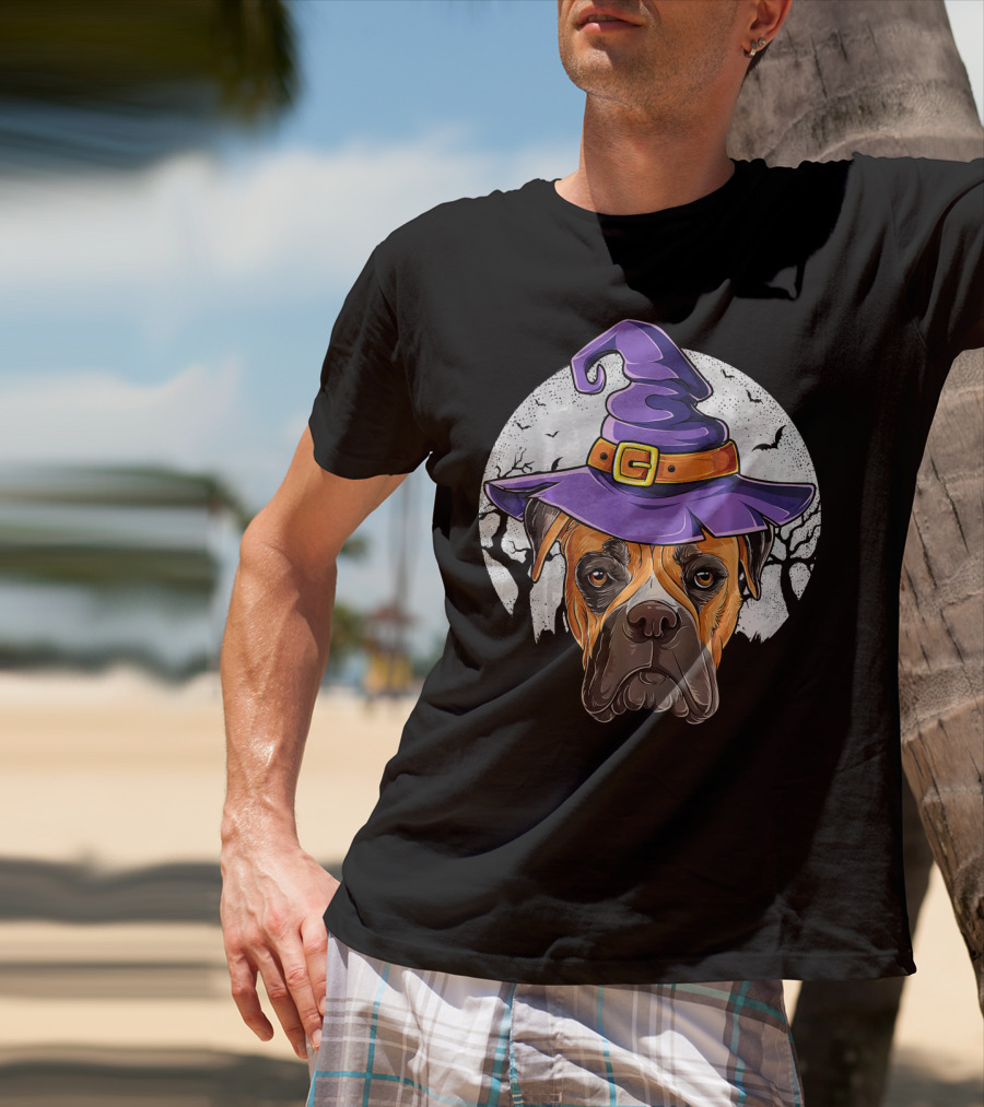 Boxer Dog Wearing Purple Witch Hat Under Full Moon With Bats Halloween T-Shirt