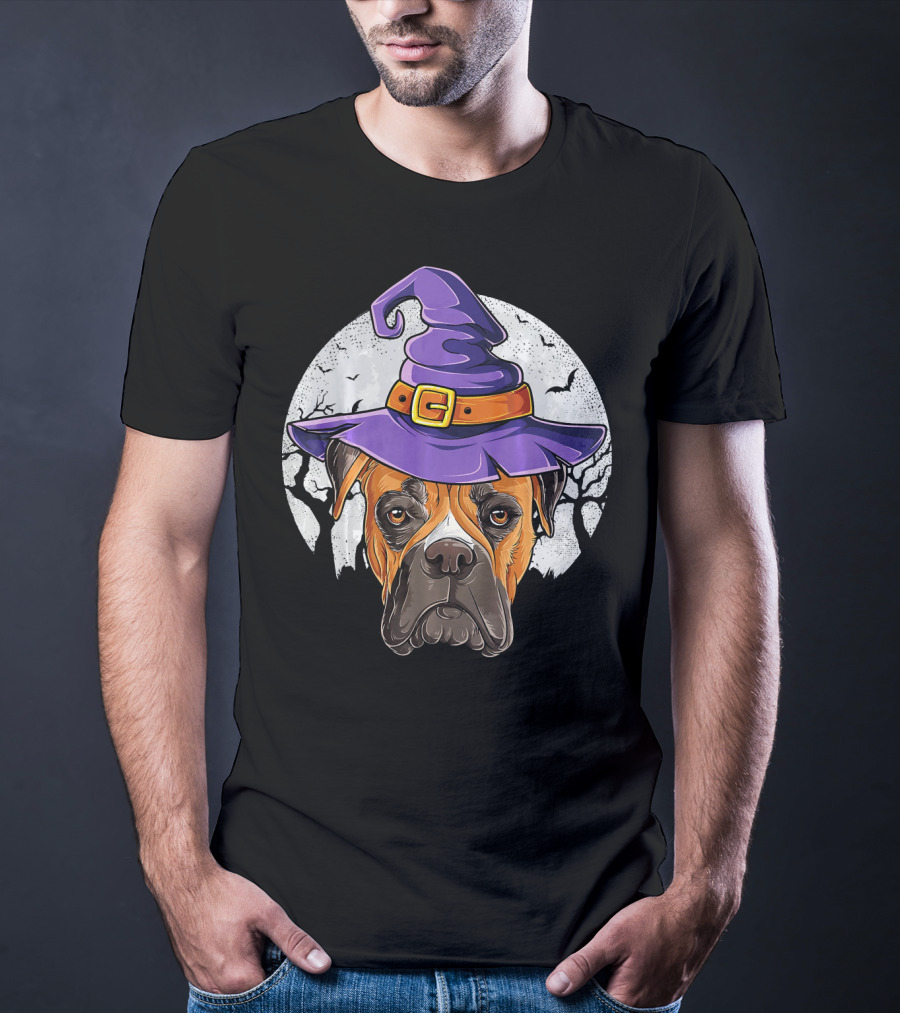 Boxer Dog Wearing Purple Witch Hat Under Full Moon With Bats Halloween T-Shirt