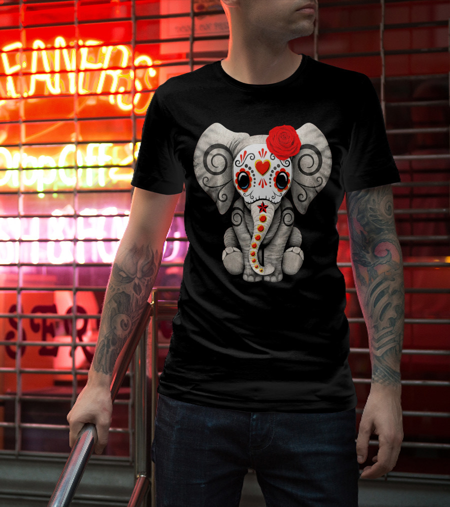 Sugar Skull Elephant With Red Rose Day Of The Dead T-Shirt