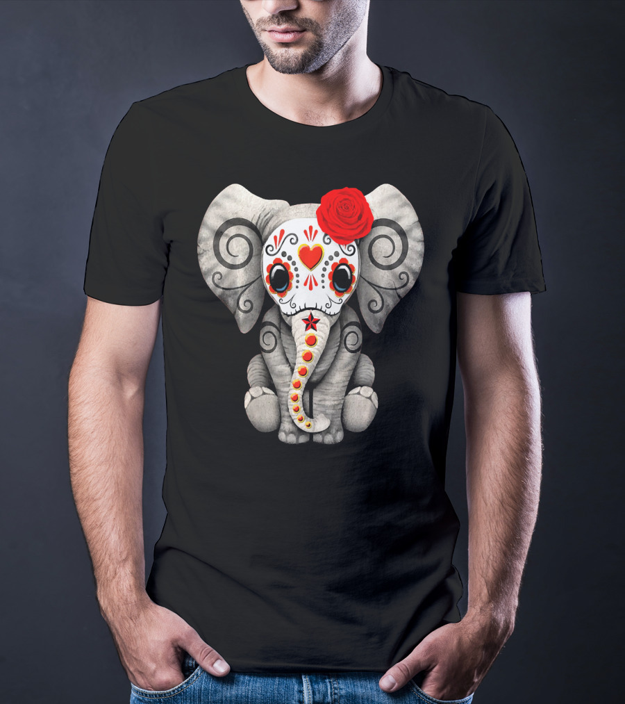 Sugar Skull Elephant With Red Rose Day Of The Dead T-Shirt