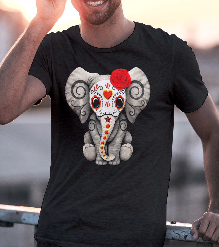 Sugar Skull Elephant With Red Rose Day Of The Dead T-Shirt