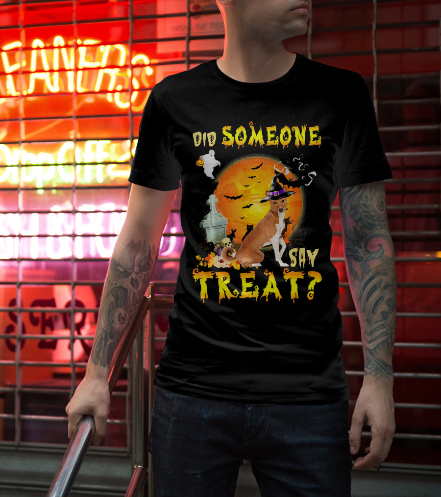 Did Someone Say Treat Basenji Halloween Moon Ghost Bats Witch Hat T-Shirt