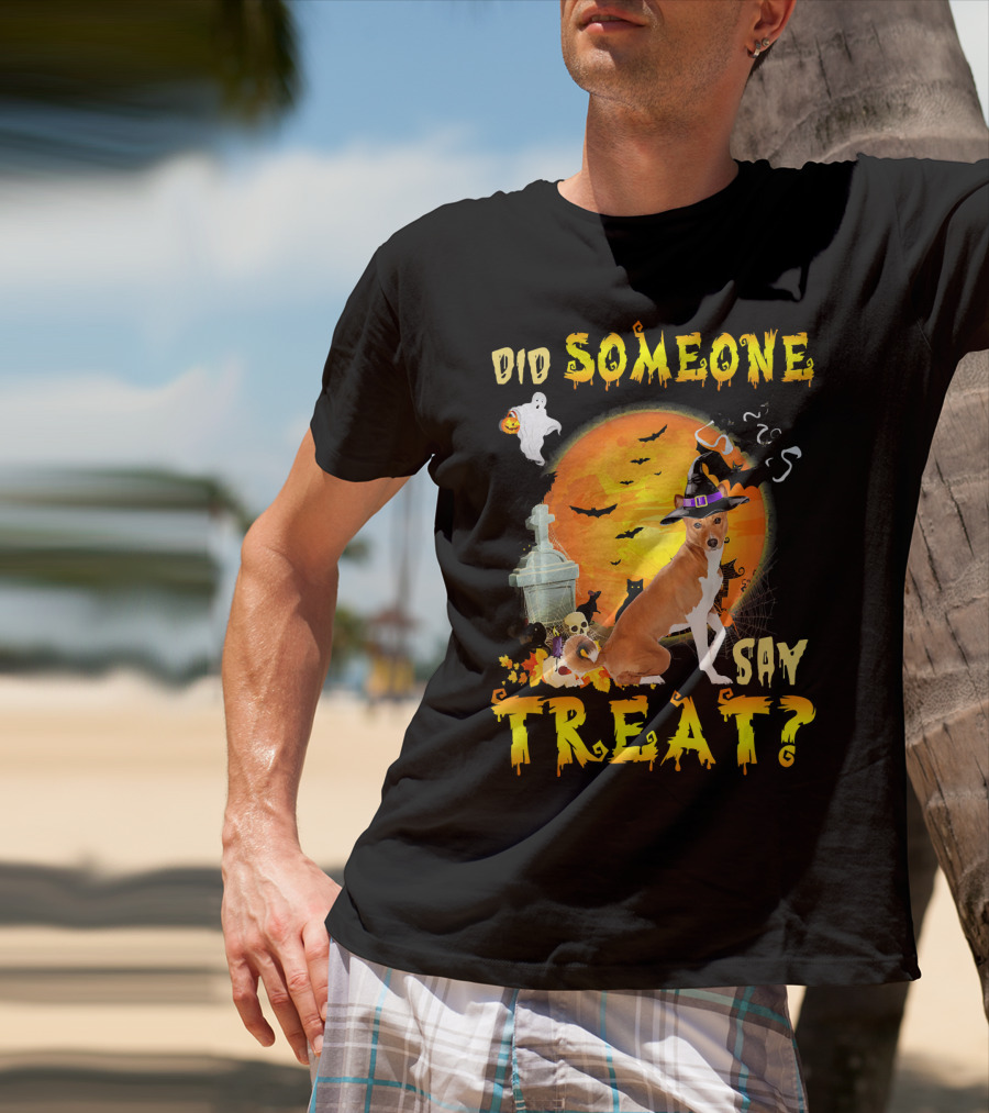Did Someone Say Treat Basenji Halloween Moon Ghost Bats Witch Hat T-Shirt