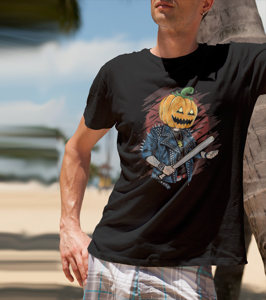 Punk Rocker Metalhead Pumpkin With Spiked Jacket And Baseball Bat T-Shirt
