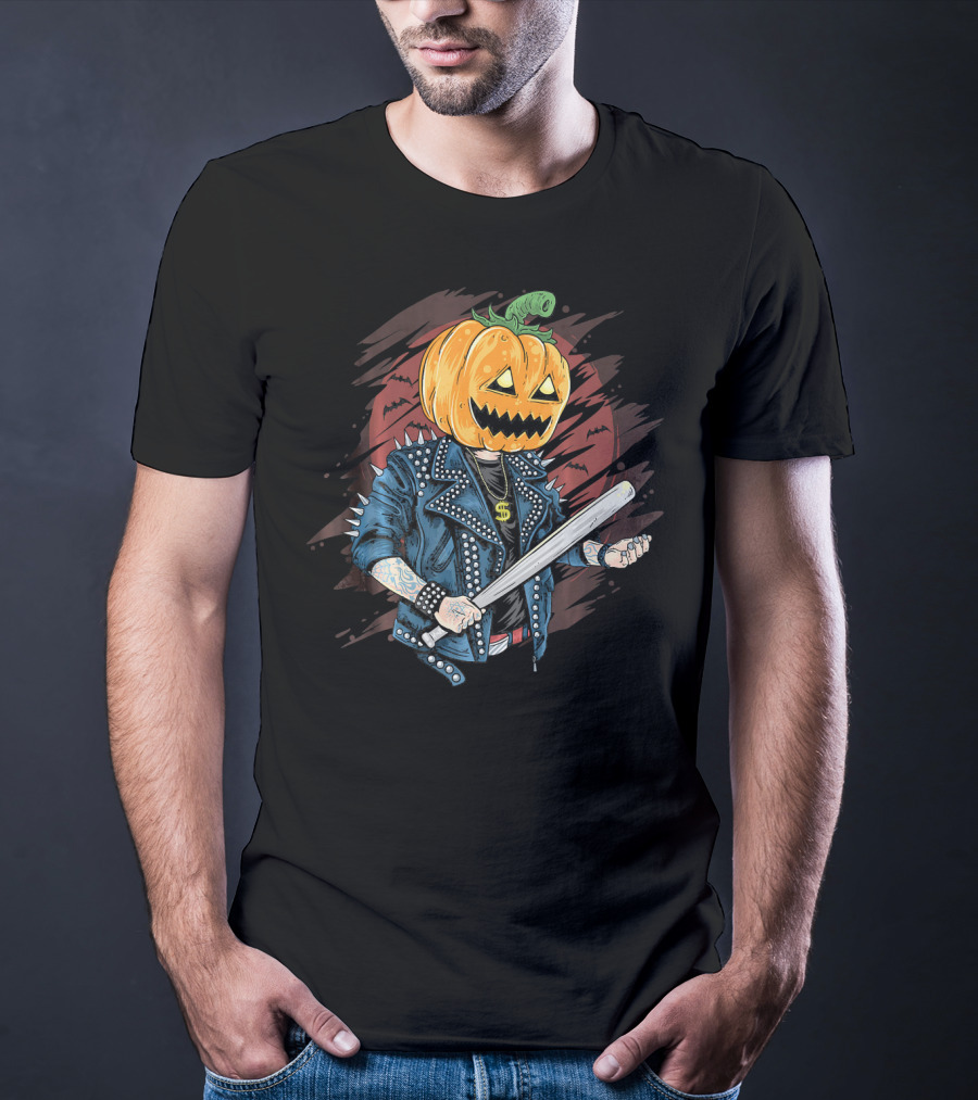 Punk Rocker Metalhead Pumpkin With Spiked Jacket And Baseball Bat T-Shirt