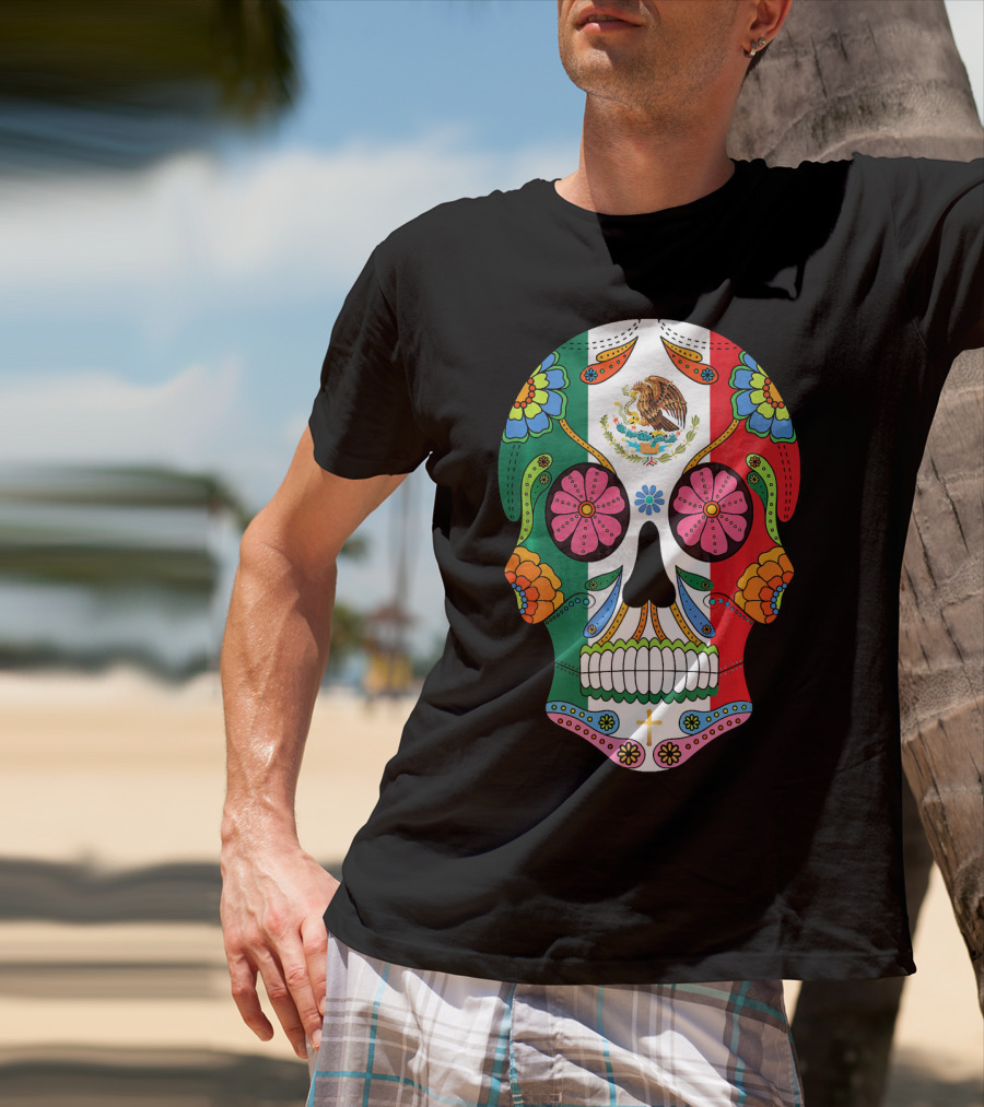 Mexican Flag Sugar Skull Eagle Floral Motif T-Shirt