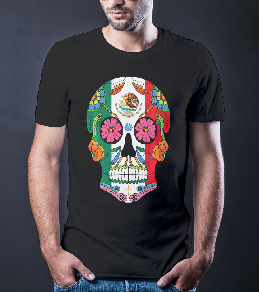 Mexican Flag Sugar Skull Eagle Floral Motif T-Shirt