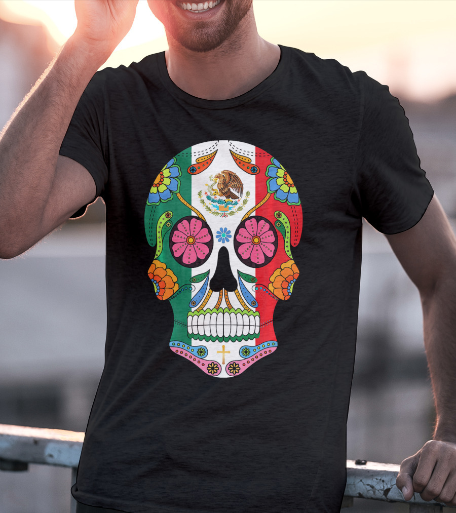 Mexican Flag Sugar Skull Eagle Floral Motif T-Shirt