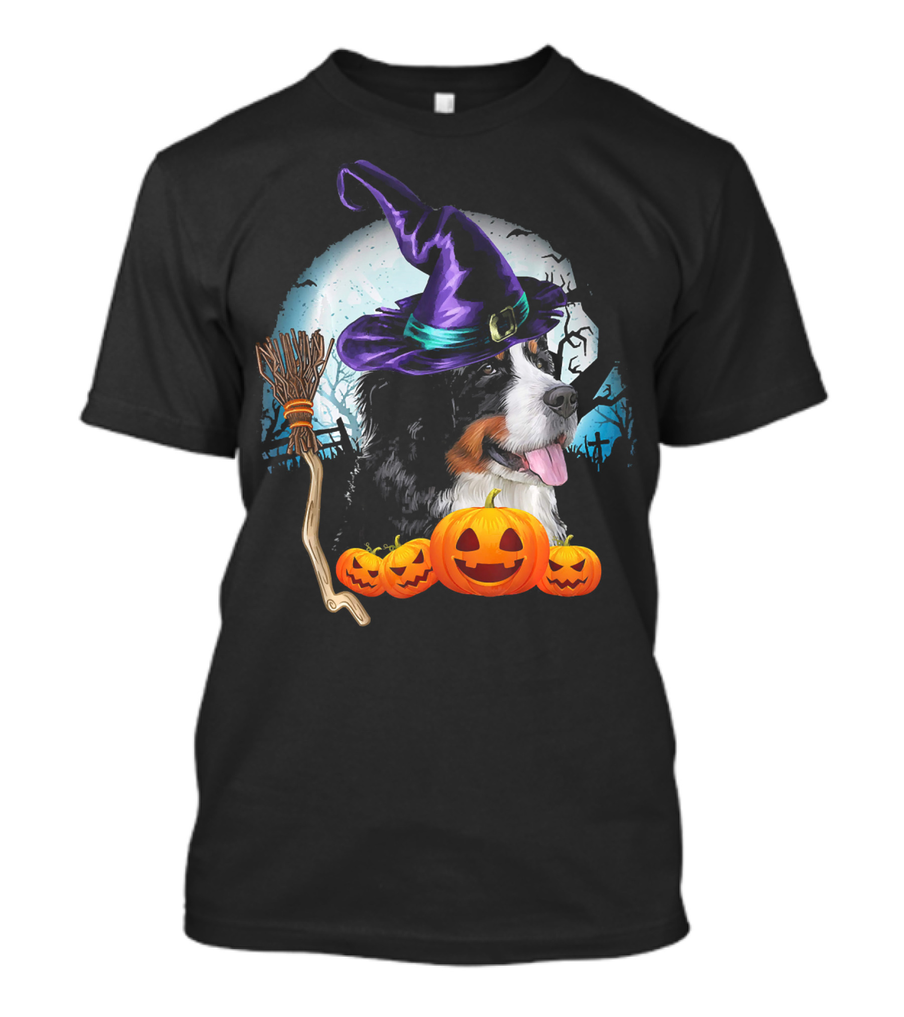 Bernese Mountain Dog In Witch Hat With Pumpkins And Broomstick Halloween Scene T-Shirt