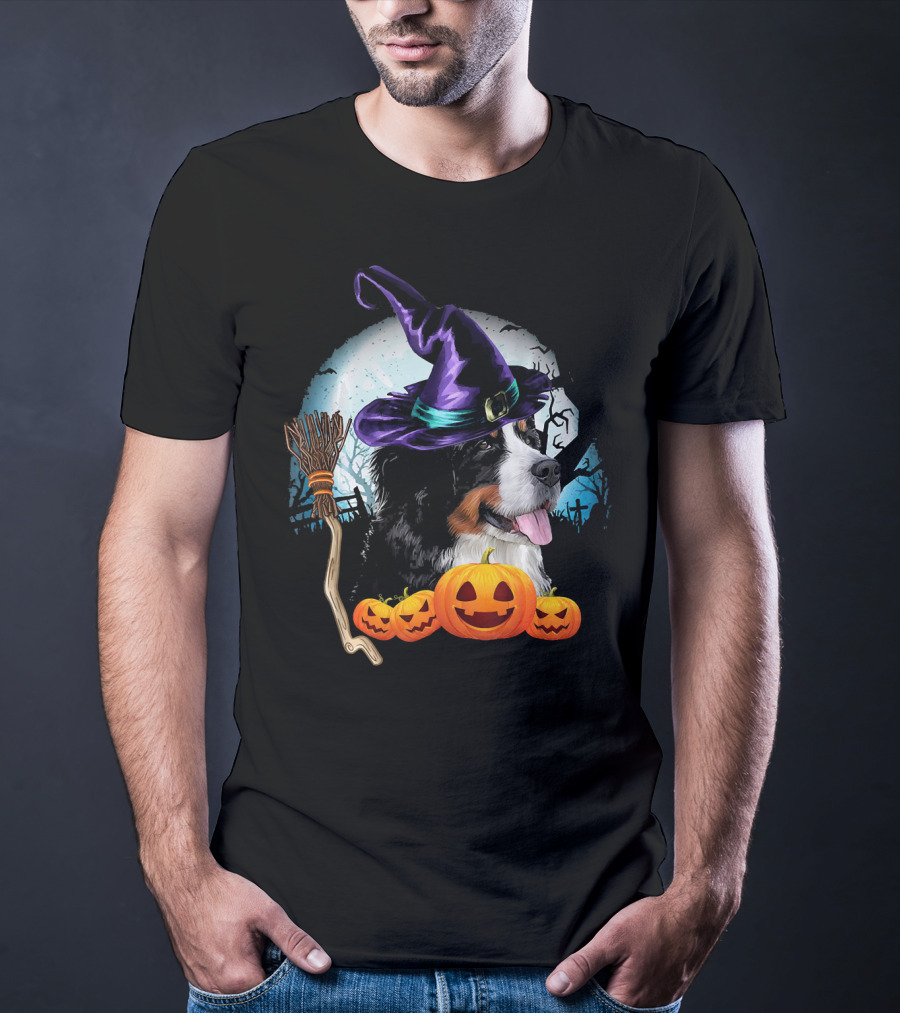 Bernese Mountain Dog In Witch Hat With Pumpkins And Broomstick Halloween Scene T-Shirt