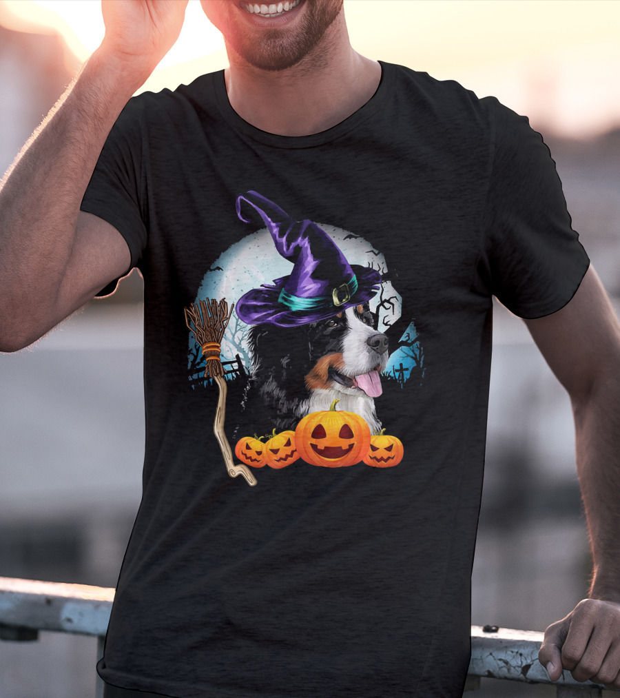 Bernese Mountain Dog In Witch Hat With Pumpkins And Broomstick Halloween Scene T-Shirt