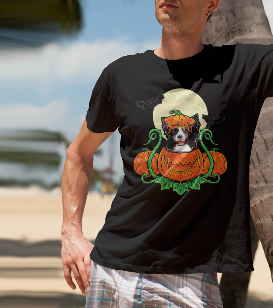 Border Collie Halloween Pumpkin Full Moon With Bats T-Shirt