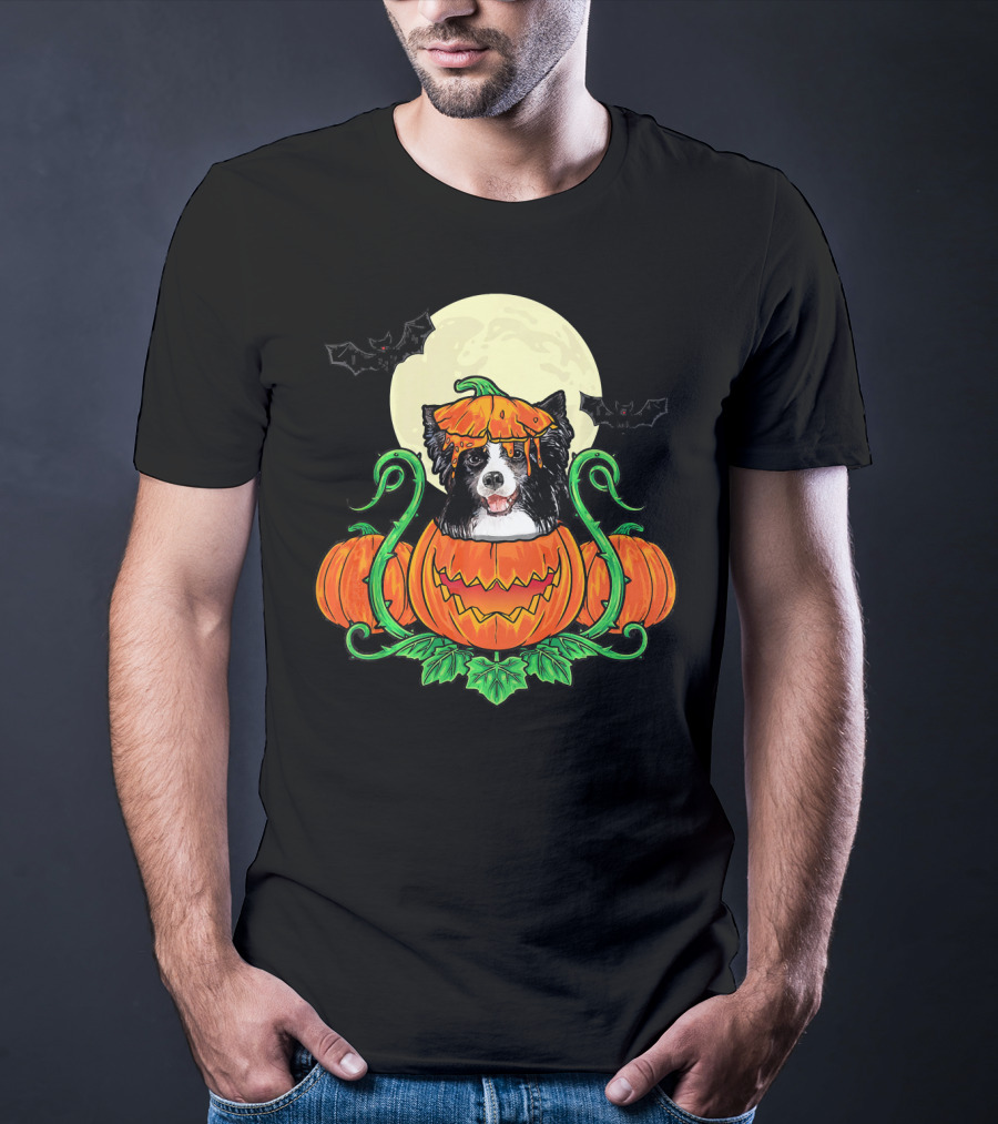 Border Collie Halloween Pumpkin Full Moon With Bats T-Shirt