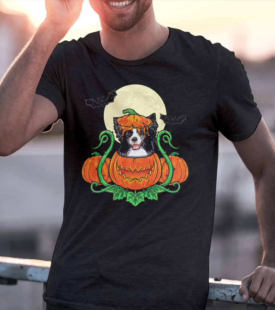 Border Collie Halloween Pumpkin Full Moon With Bats T-Shirt