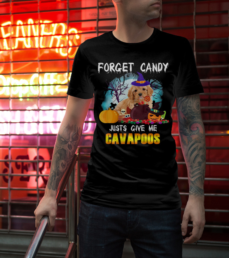Forget Candy Just Give Me Cavapoos Halloween Puppy With Witch Hat And Pumpkins T-Shirt