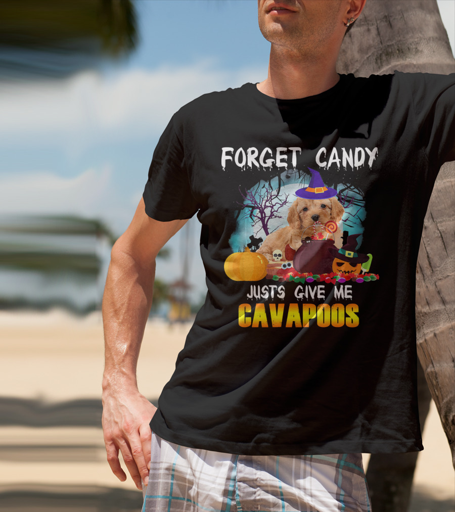 Forget Candy Just Give Me Cavapoos Halloween Puppy With Witch Hat And Pumpkins T-Shirt