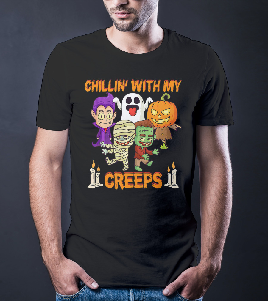 Chillin With My Creeps Ghost Mummy Frankenstein Vampire Pumpkin Candles T-Shirt