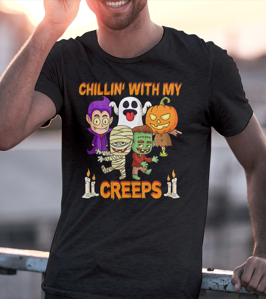 Chillin With My Creeps Ghost Mummy Frankenstein Vampire Pumpkin Candles T-Shirt