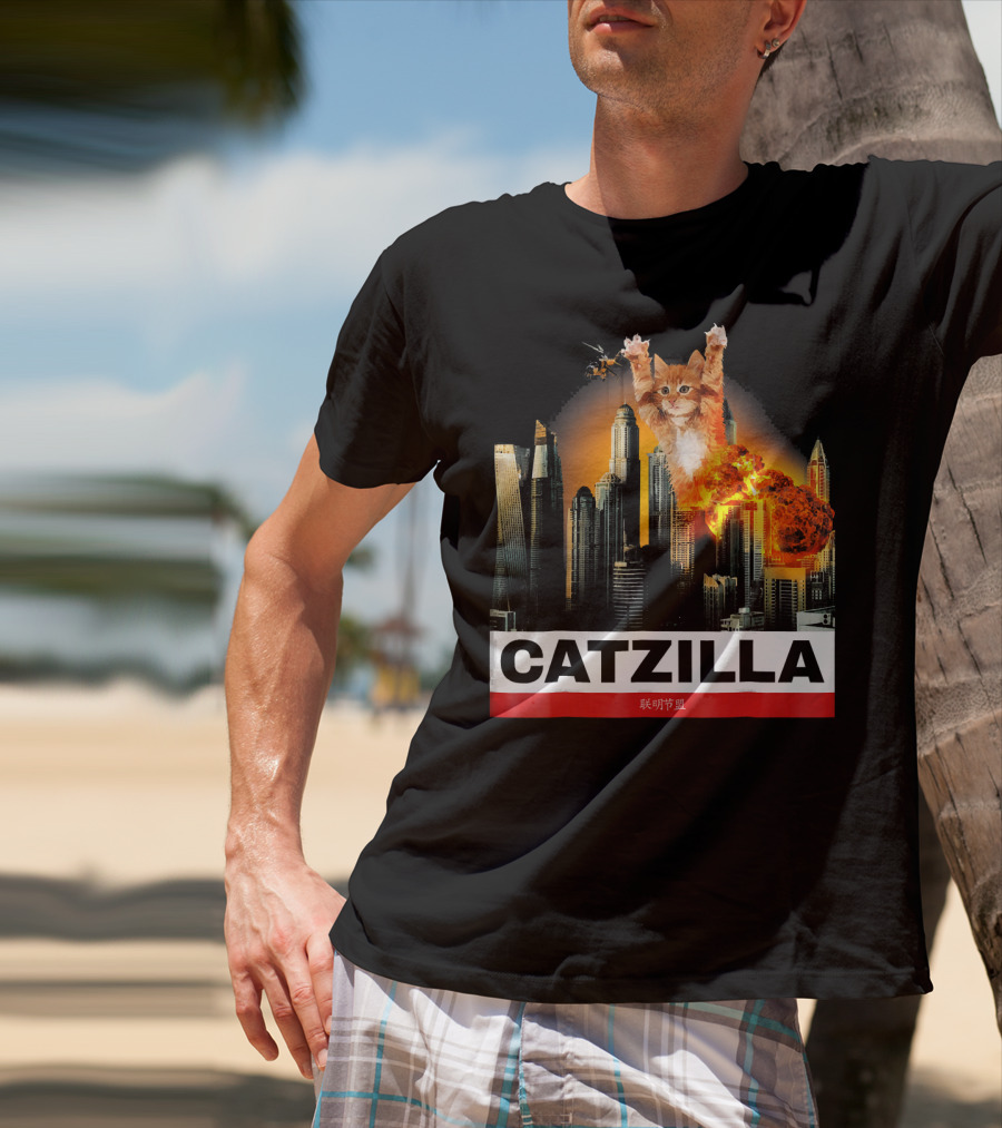 CATZILLA Funny Kitty Cat Over Cityscape Explosion T-Shirt