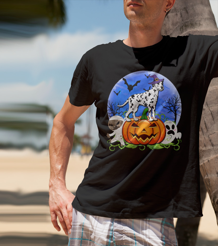 Dalmatian Pumpkin Halloween Mummy Ghost Moon Bats Trees T-Shirt