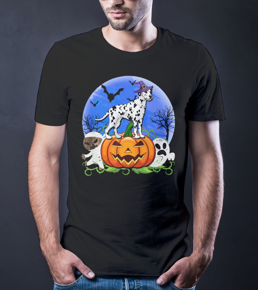 Dalmatian Pumpkin Halloween Mummy Ghost Moon Bats Trees T-Shirt