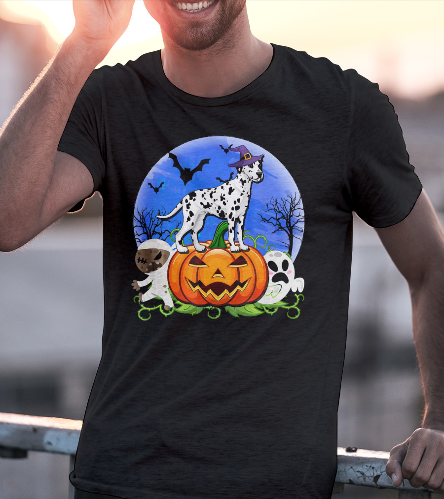 Dalmatian Pumpkin Halloween Mummy Ghost Moon Bats Trees T-Shirt