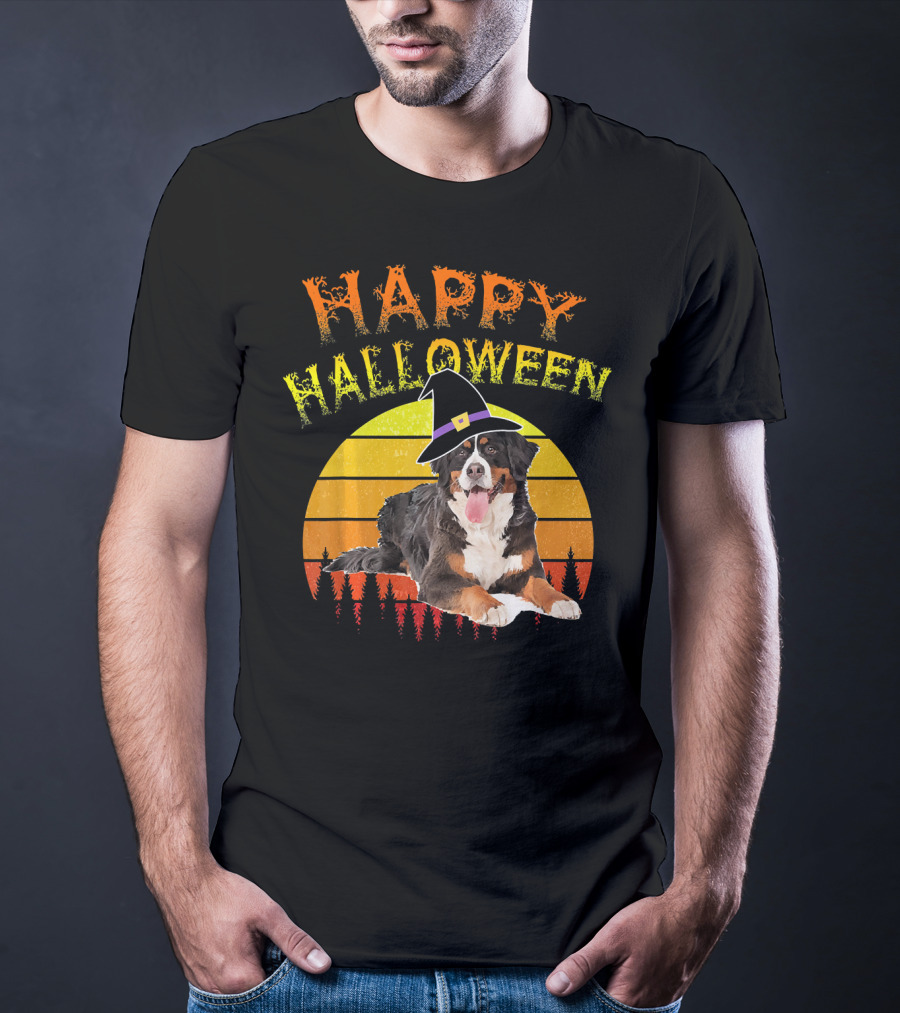 Happy Halloween Bernese Mountain Dog Lover Witch Hat Sunset T-Shirt
