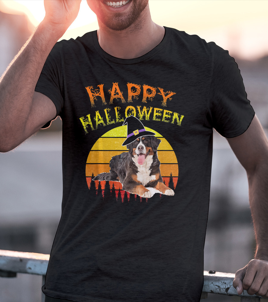Happy Halloween Bernese Mountain Dog Lover Witch Hat Sunset T-Shirt