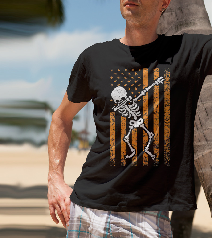 Halloween Dabbing Skeleton American Flag Retro Style Icons T-Shirt
