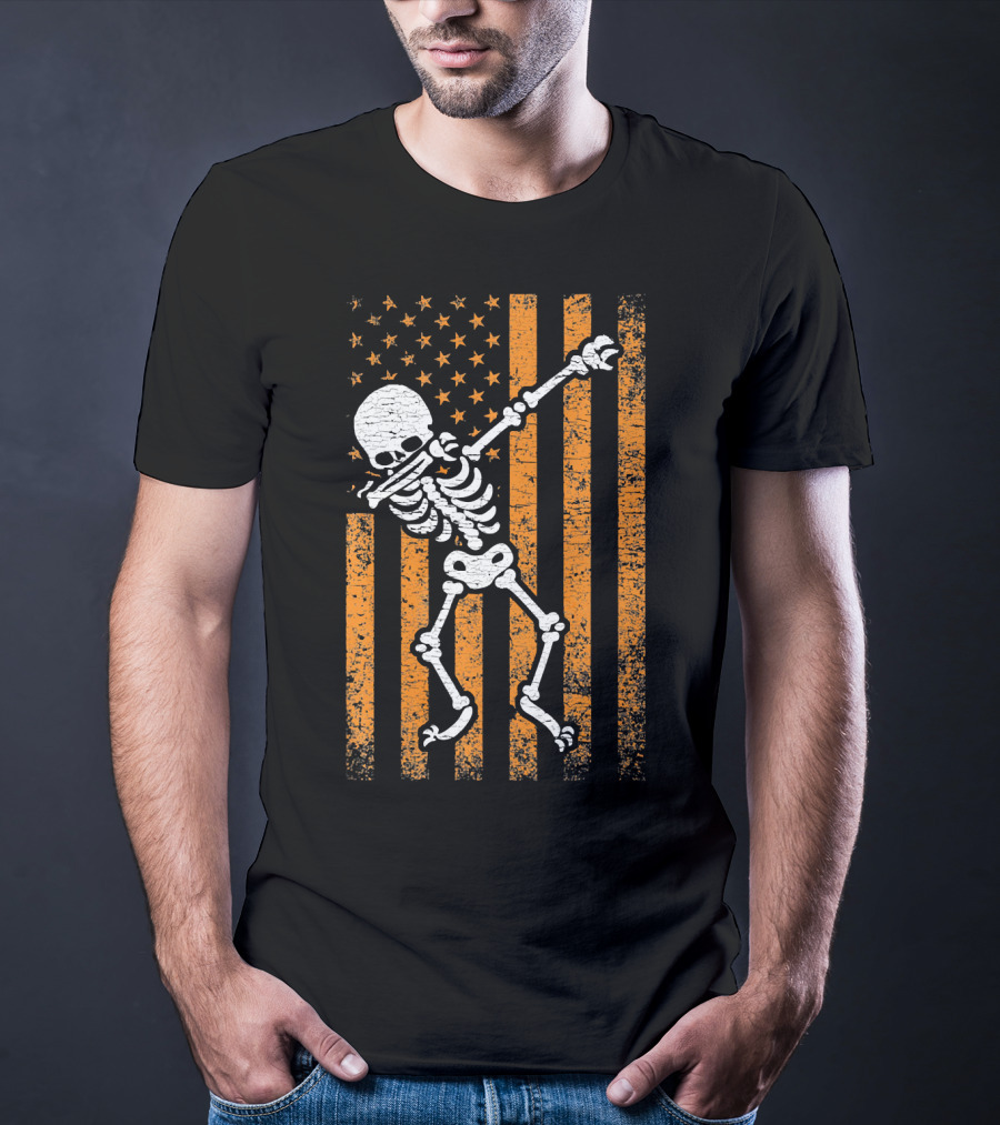 Halloween Dabbing Skeleton American Flag Retro Style Icons T-Shirt