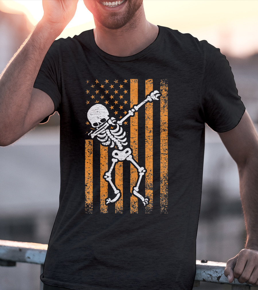 Halloween Dabbing Skeleton American Flag Retro Style Icons T-Shirt