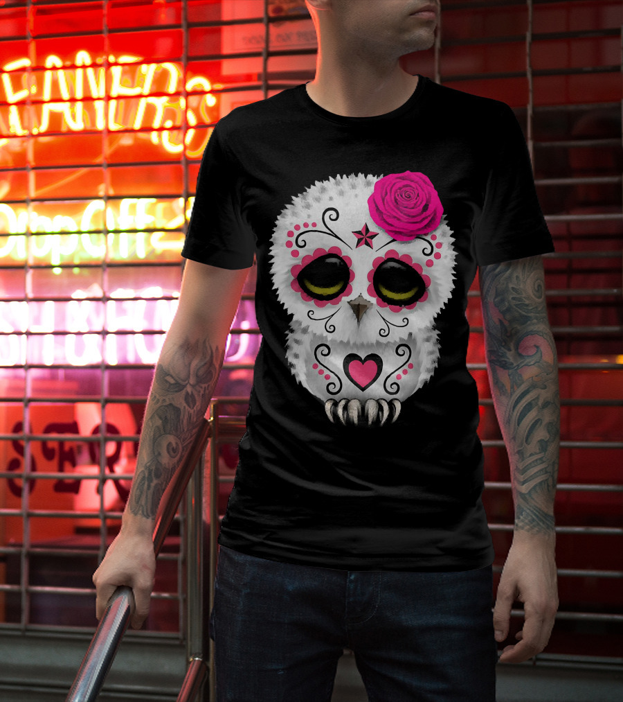 Owl Sugar Skull With Pink Rose And Heart Motif T-Shirt