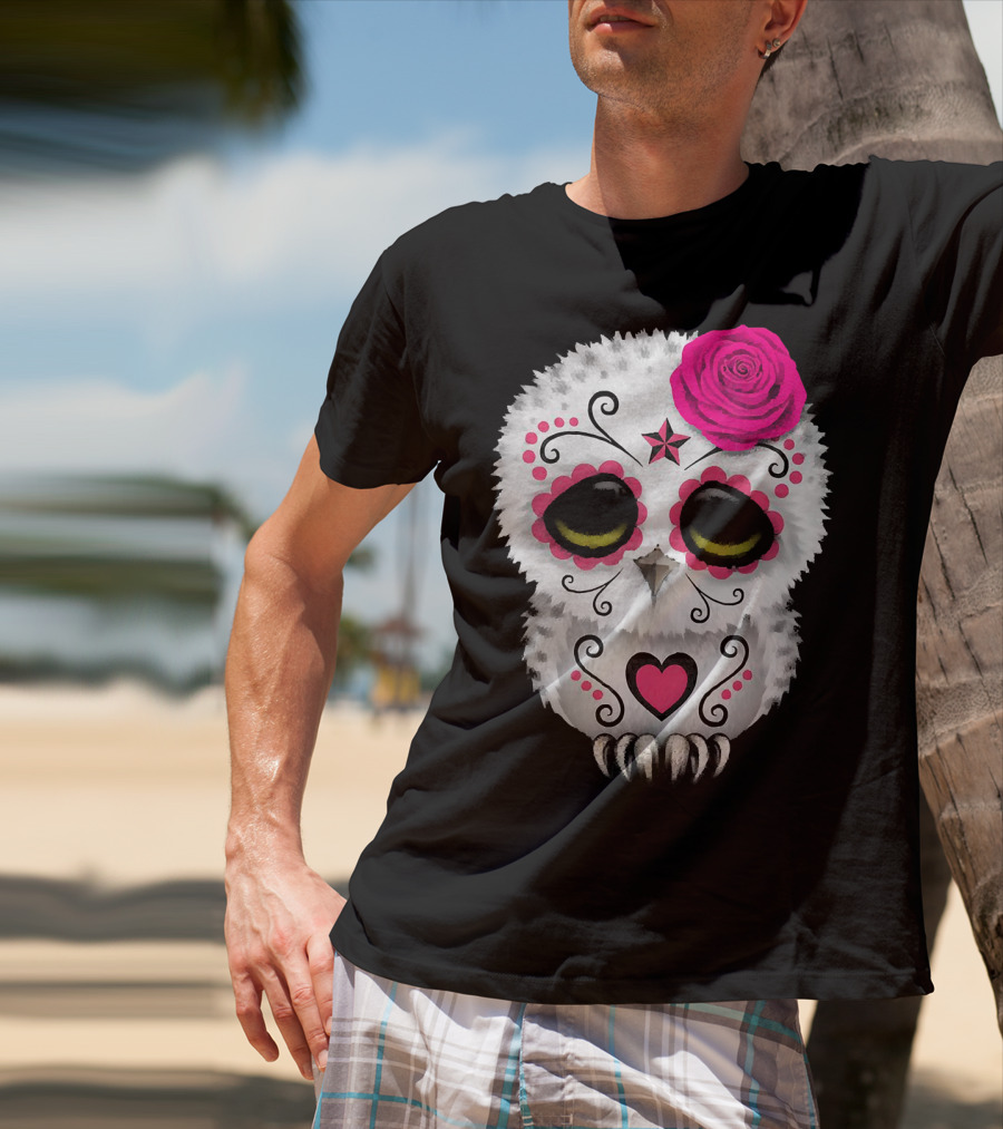 Owl Sugar Skull With Pink Rose And Heart Motif T-Shirt