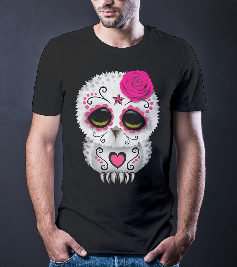 Owl Sugar Skull With Pink Rose And Heart Motif T-Shirt