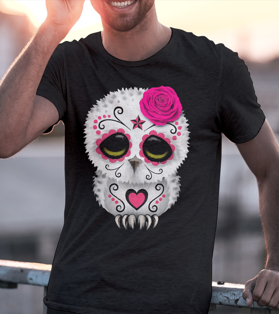 Owl Sugar Skull With Pink Rose And Heart Motif T-Shirt