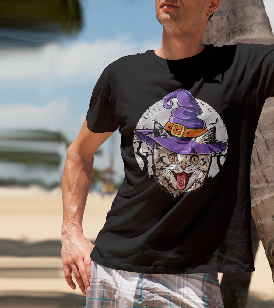 Funny Halloween Witch Cat With Purple Hat And Moon Background T-Shirt