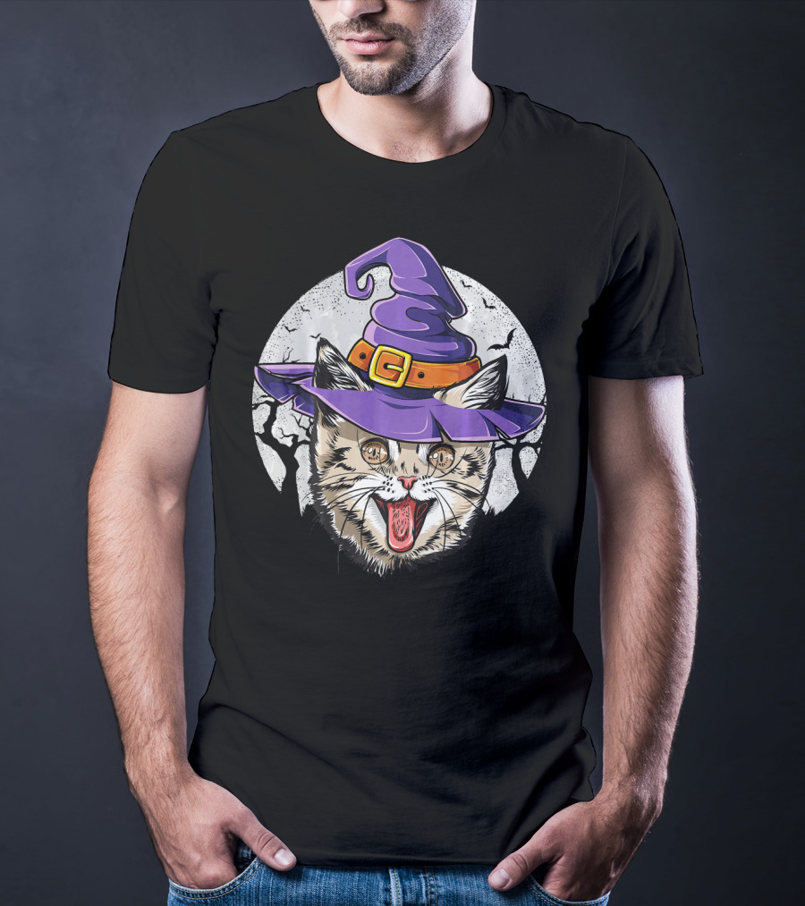 Funny Halloween Witch Cat With Purple Hat And Moon Background T-Shirt