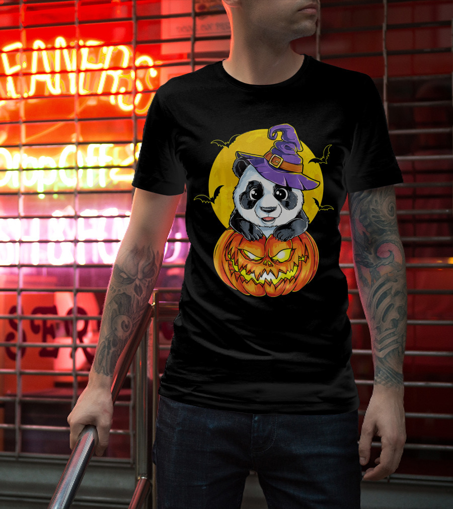 Panda Witch Halloween Pumpkin Moon Bats T-Shirt