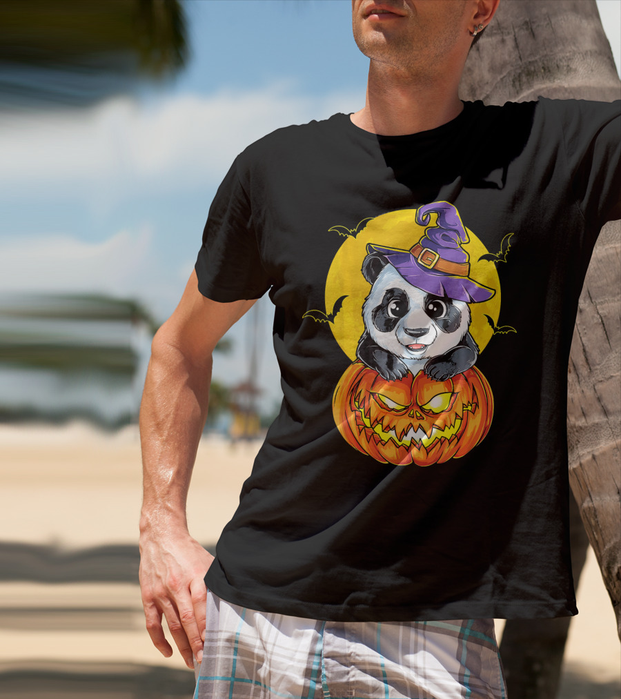 Panda Witch Halloween Pumpkin Moon Bats T-Shirt