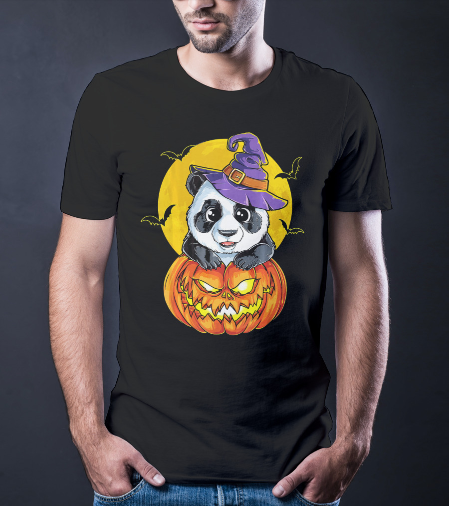 Panda Witch Halloween Pumpkin Moon Bats T-Shirt