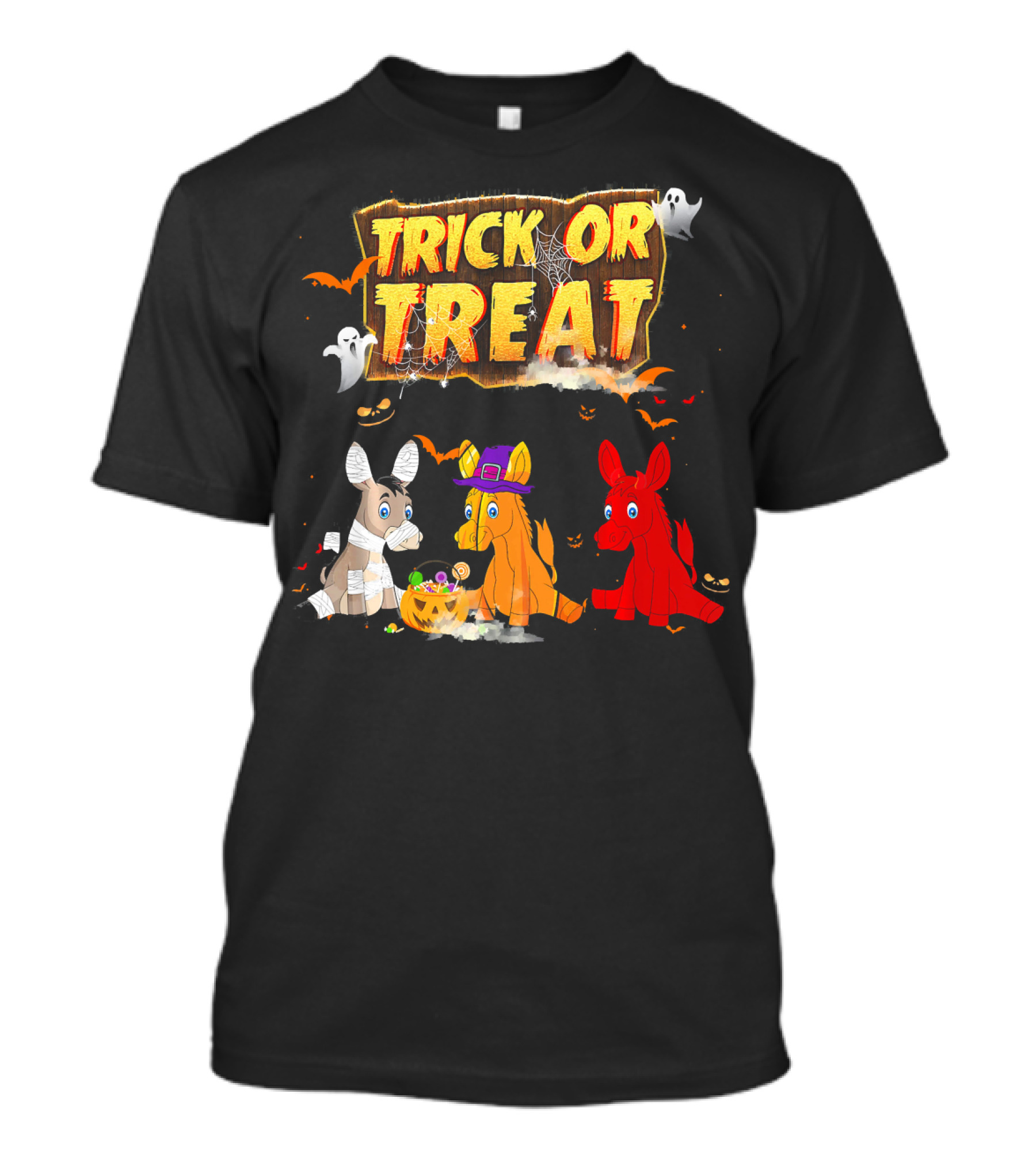 Trick Or Treat Three Donkeys Halloween Candy Pumpkins Ghosts T-Shirt